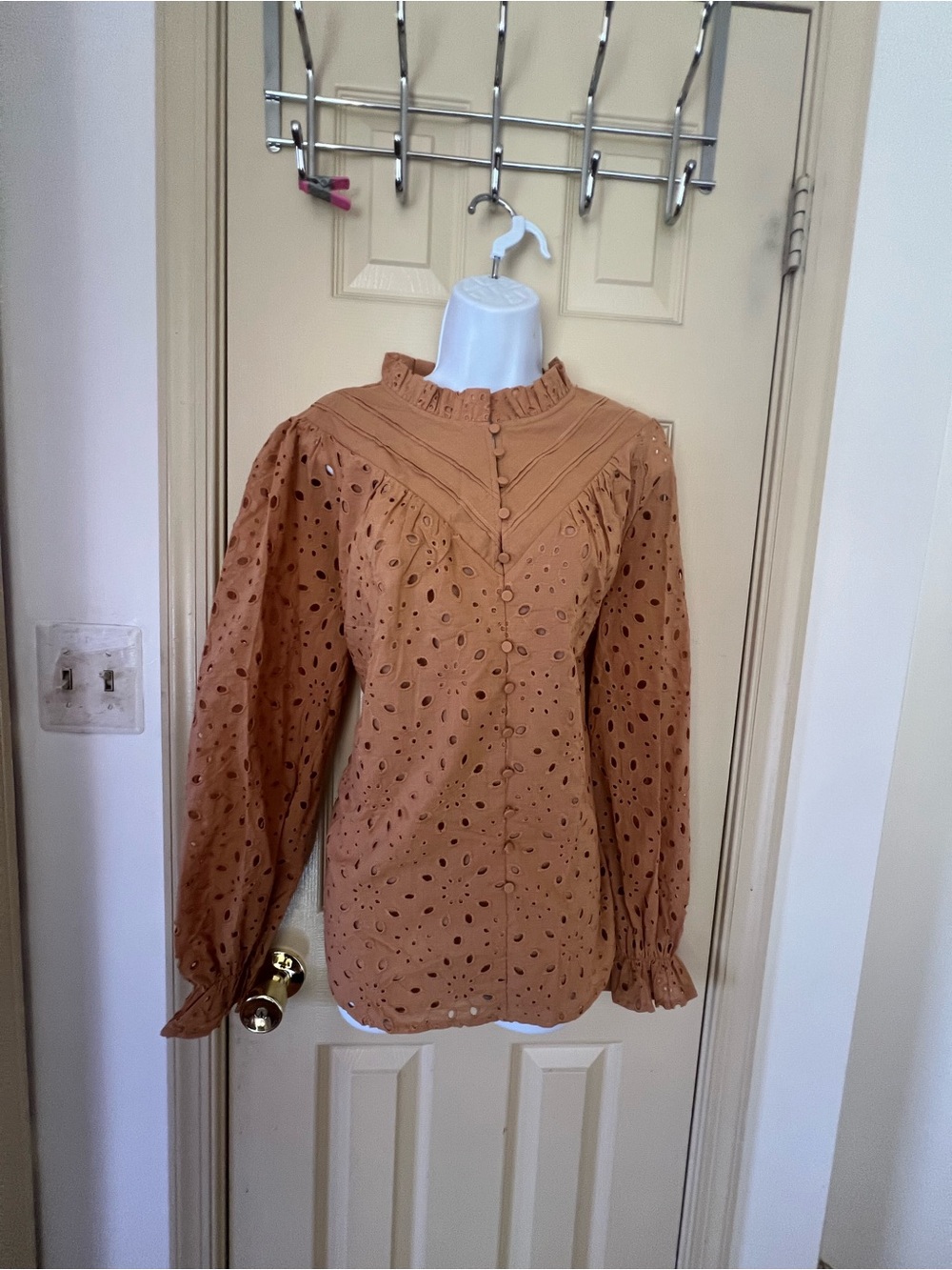 Womens Eyelet Button-Up Blouse in Camel